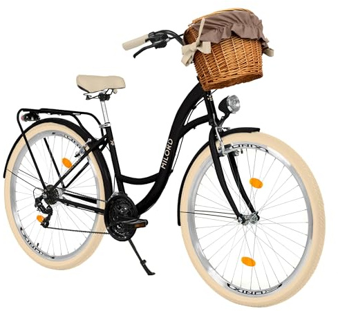 MILORD Damenfahrrad Citybike Komfort Mit Weidenkorb Hollandrad Vintage Fahrrad, 26, 28 Zoll, 21-Gang