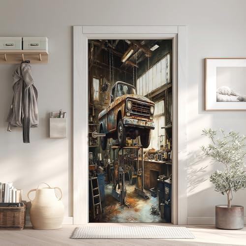 Industrie Türaufkleber, Werkstatt Türfolie Selbstklebende Fototapete, Oldtimer Türposter Abnehmbar Türfolie PVC Für Tür Schlafzimmer Badezimmer Türaufkleber 85x200 cm