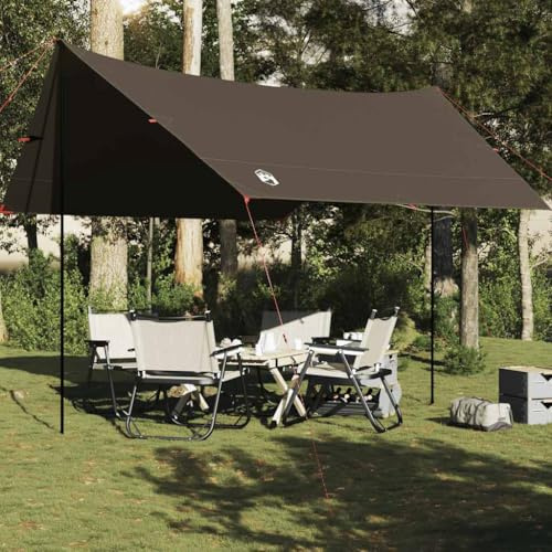 Tarp Brown 438 x 376 x 212 cm Waterproof, UV Protection, Polyester Outdoor Camping Tarpaulin with Poles, Ideal for Trekking and Garden