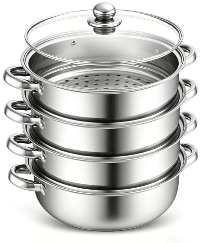 Pentola a vapore in acciaio inox, 28 cm, 3/4 ripiani, con coperchio in vetro, multistrato per verdure, pesce, frutti di mare, zuppe e pasta, adatta per induzione (4)