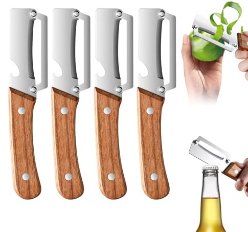 2 in 1 Pelapatate Multifunzionale per Cucina, 4 pezzi Pelapatate Con Manico in Legno E Apribottiglie, Ergonomica in Legno Sbucciatore per Frutta e Verdura Utensili da Cucina