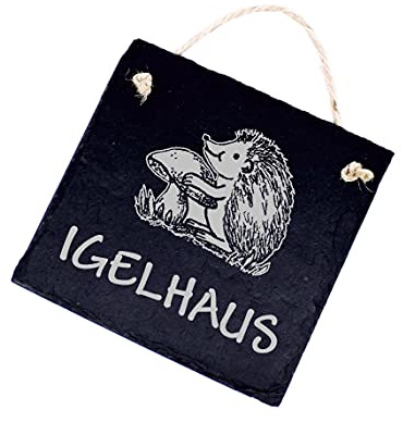 DEKO-LANDO Igel Schild Schiefer graviert - Igelhaus -Schiefertafel Gartenschild 11 x 11 cm, Grau