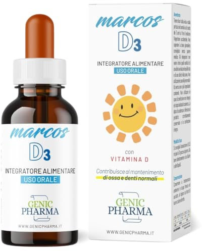 Marcos Vitamina D Bambini Supporta la Crescita e lo Sviluppo nei bambini, Integratore pediatrico 15 ml con Vitamina D3 bambini e vitamina E in gocce, per Ossa e Denti. Vitamine per Bambini