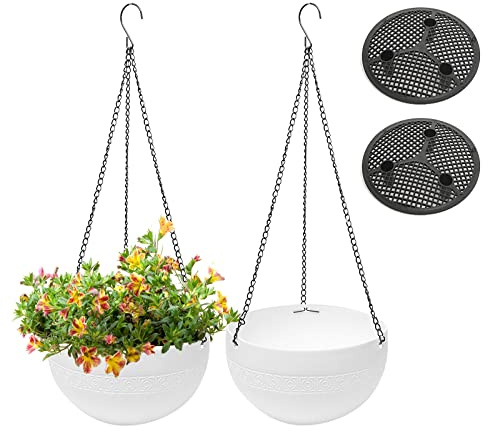 MissFox Blomampel, 2 stycken för utomhus, självvattnande hängande blomkrukor med rostfria kedjor, hängande blomkrukor i plast med dräneringshål, hängamplar för inomhus, utomhus, tak, balkong, väggdekoration