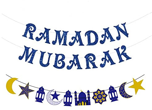 Ramadan Deko Ramadan Mubarak Banner Blauer Glitzer Ramadan Dekorationen für Zuhause Ramadan Kareem Party liefert Stern Laterne Mondgirlande Eid Mubarak Dekoration