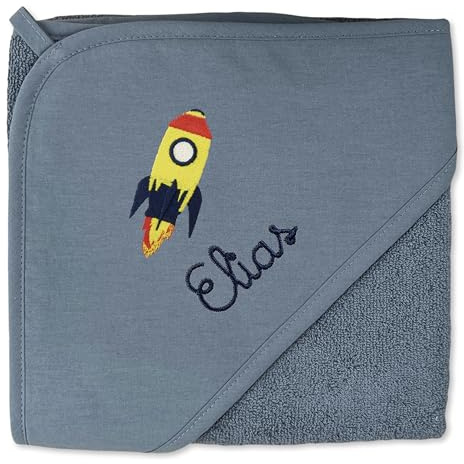 upstitch studio Jungen Kinder-Kapuzenhandtuch (100x100cm) dunkelblau mit Namen personalisiert Bestickt aus 100% Baumwolle - Babyhandtuch, Badetuch und Kinderhandtuch