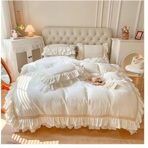 ADovz Winter Warme Samt Fleece Bettwäsche Set Luxus Prinzessin Hochzeit Super Weiche Spitze Rüschen Bettbezug Bett Rock Bettdecke Kissenbezüge,Bettlaken