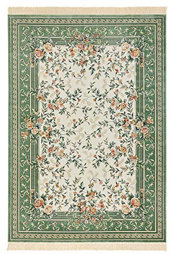 Teppich Boss - Orientalischer Samt-Teppich mit Fransen Antik Flowers Creme Grün, Größe:195x300 cm