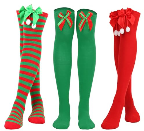 NAROSEBE 3 Paires Chaussettes de Noël Femme, Haute en Tissu, Au-Dessus du Genou, Longue Antidérapante, pour Hiver Fête Cosplay, Rouge et Vert