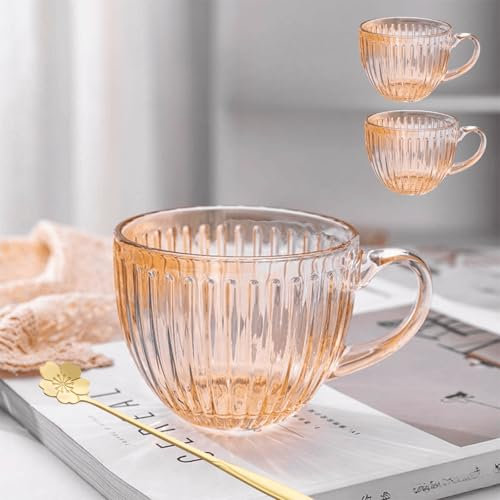 Tazze da caffè in vetro con manico, tazze da caffè trasparenti con cucchiaio, set di bicchieri per bar, bicchiere da 450 ml per cappuccino, tazze di bevande calde e fredde, 2 pezzi beige a coste