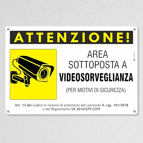 Pubblimania Cartello ATTENZIONE AREA VIDEOSORVEGLIATA ORIZZONTALE. Alluminio composito spessore 3 mm, per esterno/interno (Cm 30x20)