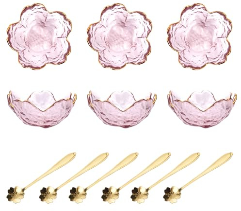 XINGYATU Glass Cherry Blossom Bowls, Set of 6 Dipping Dishes Sauce Plates, Dessert Bowls with 6pcs Metal Spoons, Gold Inlay Glass Sauce Bowl, 120ml Cherry Blossoms Bowls for Ice Cream Snack Miso Soup