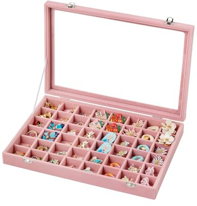 Frebeauty 48-Grid Jewellery Tray with Glass Lid, Velvet Earring Organiser | Drawer Jewellry Organiser for Rings Studs Beads,Adjustable Dividers,Dustproof,Earring Storage,Trinket Box,13.8×9.5Inches