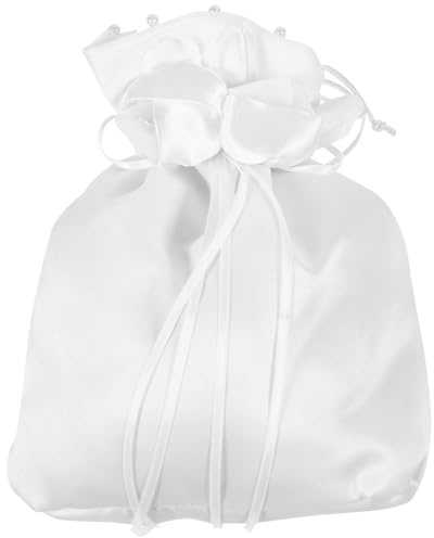 FRCOLOR White Satin Wedding Bags Bridal Wedding Money Bag White Drawstring Purse for Women Formal Dress Purse with Pearls 9.05 x 8.85 x 0.11 inches