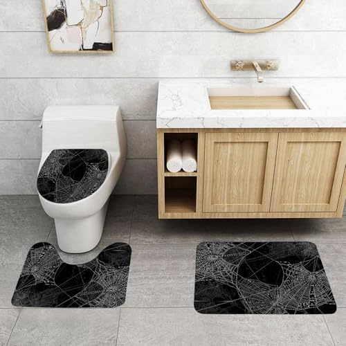 QRFASFZO Lot de 3 Tapis de Bain et Tapis de Bain Doux en Microfibre antidérapant,Absorbant l'eau,pour Douche,Baignoire et WC,Motif de Toile d'araignée sur Fond Noir, Conception mystérieuse de Toile