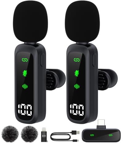 AUINSKY Minimicrófono de Solapa Inalámbrico, Micrófono de Pinza 2.4Ghz con Reducción de Ruido para iPhone Android Cámara, 1 Transmisor & 2 Receptores, Alcance 50m, Batería 5H para Grabación, Vlogging