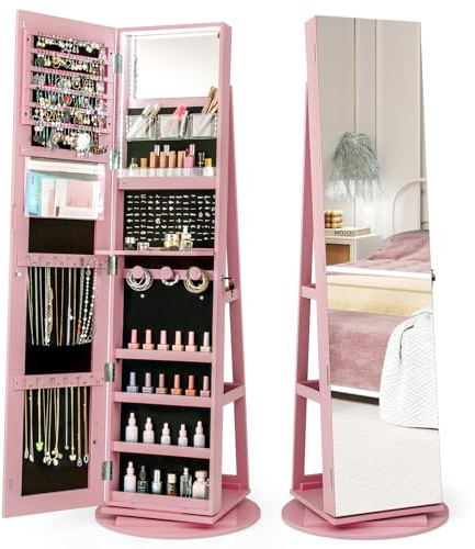 COSTWAY Armoire à Bijoux Pivotante à 360°, Rangement Bijoux Design 3 en 1 avec Miroir Pleine Longueur sans Cadre et Lumières LED 3 Couleurs, Style Nordique (Rose,Style 1)