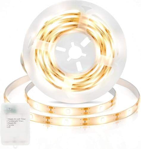 ZAIYW 1M LED Strip Batteriebetrieben mit 5 Modi Timer für Schlafzimmer | 30 LED Streifen Batterie 2835 SMD, Wasserdichte Schneidbar Lichtleisten für Schrank Zuhause Party Dekor (Warmweiß)