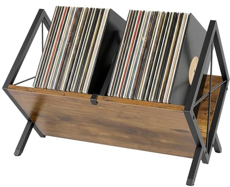 Schallplatten-Aufbewahrungsregal für 80-100 LP – Einstufiges Vinyl-Präsentationsregal mit verstellbarem Trennelement, Retro-Stil aus Holz und Metall, Organizer für Alben, Zeitschriften & Bücher, Braun