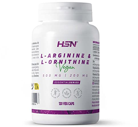 Arginina y Ornitina de HSN | 120 Cápsulas Vegetales 1000 MG L-Arginina y 500 MG L-Ornitina por Dosis Diaria | Aminoácidos Vegetales Puros con Zinc + Vitamina B6 y B1 | No-GMO, Vegano, Sin Gluten