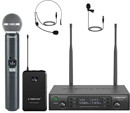 Phenyx Pro Wireless Mikrofon System mit Dual-Handheld-Funkmikrofon/Bodypack/Headset/Lapel-Mikrofon, 2x100 UHF-Kanäle, 328ft Reichweite, für Gesang, Kirche und Karaoke (PTU-71-1H1B).