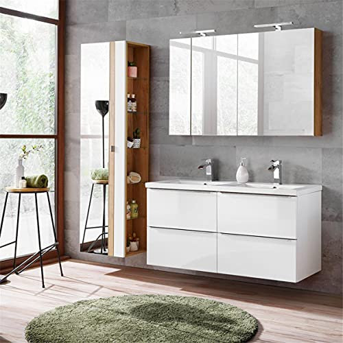 Lomadox Komplett Badmöbel Set mit Doppel-Waschtisch 120cm aus Keramik, Hochglanz weiß & Wotaneiche, inkl. LED-Spiegelschrank