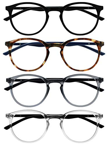 OPULIZE Met Lesebrille 4er Pack Schlank Runder Rahmen Federscharniere Kratzfest Schwarz Braun Transparent Grau Transparent Schwarze Herren Damen RRRR60-127C +1.00