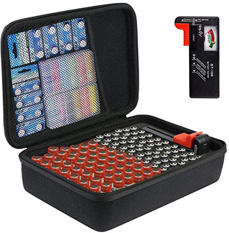 Khanka Batterie Aufbewahrungsbox Organizer mit Batterietester (BT168).Hart Tasche Hält 116 Batterien AAA AA Linthum 9V C D mit Handschlaufe. (Kommt mit Batterietester)