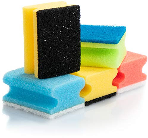 COM-FOUR® 5 pagliette in plastica - spugna per pulizia con impugnatura incassata e spugnetta abrasiva - spugna per lavastoviglie [la selezione del colore varia] (005 pezzi - mix di colori)