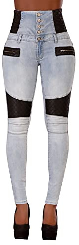 Glook Women High Waisted Jeans Skinny Fit, Butt Lifting Design (XL, Jeans with Leather)