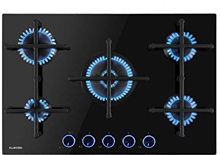 Klarstein Gas Cooker, 5 Burners Gas Hob, 11.5 kW Built In Five Ring Hob, Campervan Cooktops Cookers, Stainless Steel Glass Top Wok Burner, 5 Ring Kitchen Stoves Cookers Burners Units