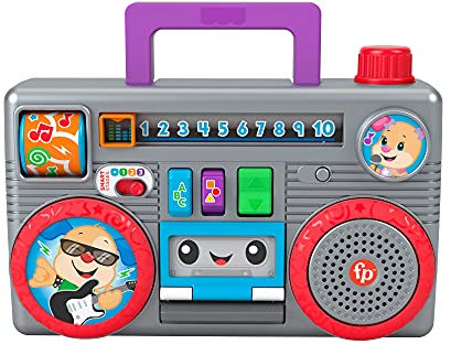 Fisher-Price Laugh & Learn Busy Boombox - UK English Edition, retro-inspired musical infant activity toy with learning content for baby and toddlers, GYC18