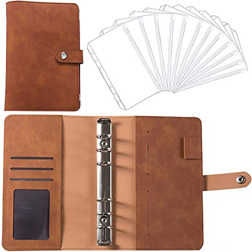Cuero para Cuaderno, Cubierta de Hojas Sueltas, Cuaderno de cuero A6, con Bolsa de 12 Hojas Sueltas con Cremallera, Suministros de Papelería de Múltiples Bolsillos para la Escuela, Oficina (Marrón)