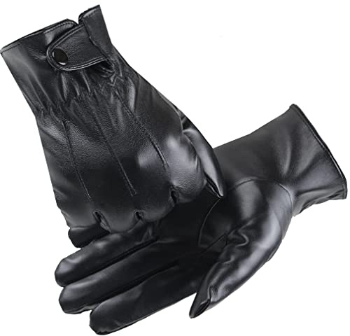 LJCZKA Guantes Hombre Invierno Cuero con Pantalla Táctil, Guantes Mujer Invierno Piel Térmicos Guantes Moto Cortavientos Unisex, Negro