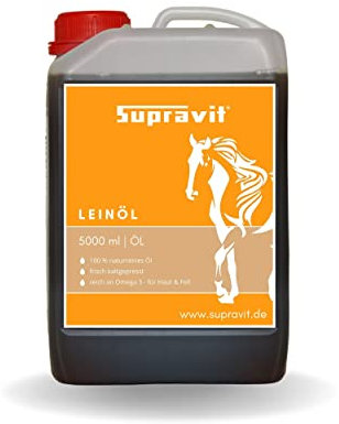 Supravit Leinöl Pferde 5 Liter & Hunde | Frisches Leinsamenöl kaltgepresst | Für glänzendes Fell | reich an Omega 3 Fettsäuren | Lein Öl unterstützt den Fellwechsel beim Pferd