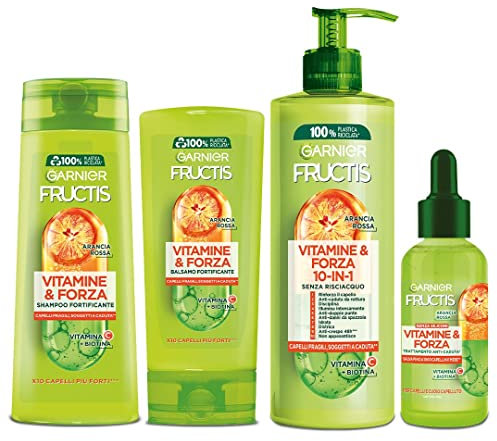 Garnier Fructis Routine Completa Fortificante Vitamina e Forza, Kit Con Shampoo, Balsamo E Trattamento 10 In 1 E Siero Anticaduta, Per Capelli Fragili E Soggetti A Rottura, Set da 4 pezzi