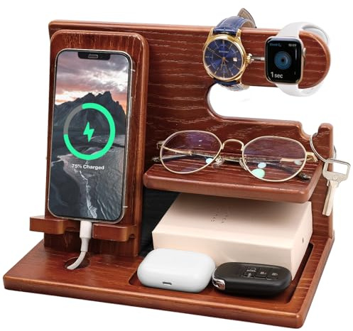 Docking station in legno per telefono cellulare, docking station per telefono, portachiavi, organizer per orologi, scrivania in legno per iPad, regalo per papà, marito, compleanno, Natale (rosso)