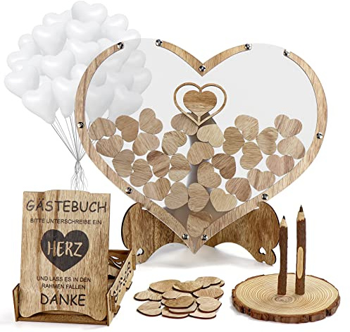 Hochzeits Gästebuch aus Holz, Alternative Hochzeitsgästebuch, Holzherzen Hochzeitsdeko, Individuell gestaltbare Holzherzen, 25Herzballons, 1x Bleistift, 1x Kugelschreiber, Aufbewahrungsbox, Herzrahmen