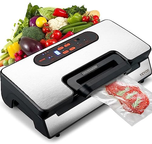 VEVOR Máquina Selladora al Vacío para Alimentos Secos y Húmedos 90 kPa Termoselladora 130W Multifuncional Auto Manual Cortador Integrado 2 Rollos Bolsas Manguera Externa para Conservación de Alimentos