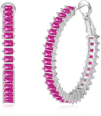 GLOQUAT CZ Hot Pink 35mm Fuchsia Hoop Earrings for Women, Brass