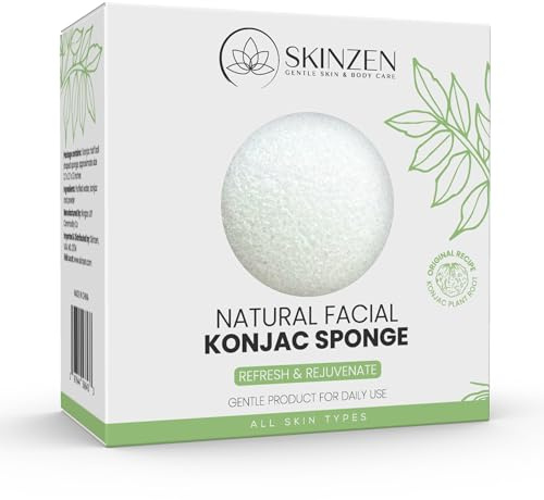 Skinzen, Natural Konjac Facial Sponge for Gentle Daily Face Washing and Exfoliating, Original Recipe, No Additives, Cruelty Free, for All Skin Types, White, 1 Sponge