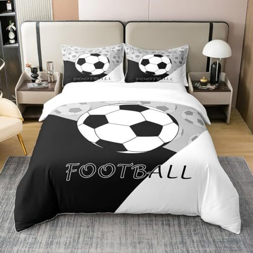 Copripiumino Singolo Calcio, Set di Biancheria da Letto Tema Sportivo in Morbida Microfibra Stampata in 3D con Cerniera Copripiumino 135x200 cm con 2 Federe B1112