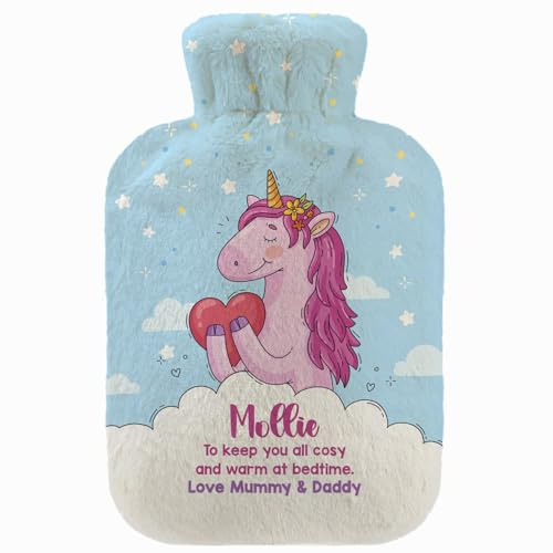 Personalisierte Wärmflasche mit Minky Pullover Bezug 2 Liter Bettflasche mit schönen Fleece-Druck Bezug Gummi Wärmflasche mit Deckel Unicorn Cloud and Heart [092]