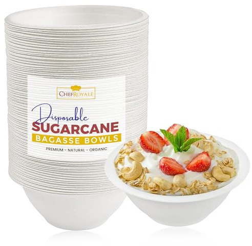 CHEF ROYALE – 1 000 x 8 oz engångssockerrärskålar miljövänlig bagasse komposterbara skålar och perfekt för varm/kall mat – soppsallad efterrättsskål perfekt för grillning, picknick