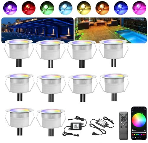 INDARUN WiFi - Lampada da terra da incasso, luce RGBW (RGB+bianco caldo) impermeabile IP67 Ø31 mm-illuminazione per terrazza, patio, percorso, parete, giardino, decorazione, interni ed esterni, 10