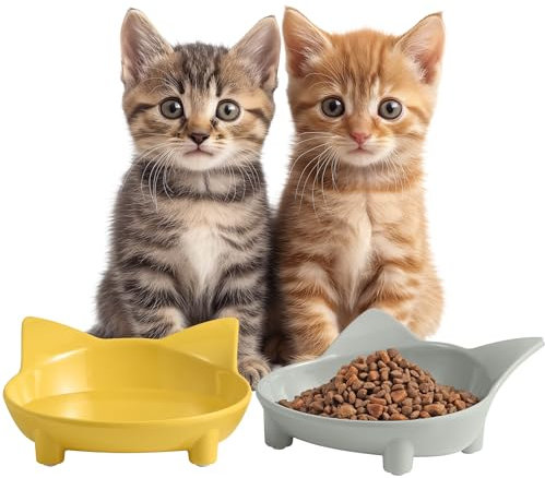 Navaris Set da 2 Ciotole Gatto Rialzate - Ciotola Rialzata per Gatti - per Cibo Secco Umido Acqua - Melamina con Gommini Antiscivolo AntiGraffio - a Forma di Gatto - Grigio Giallo