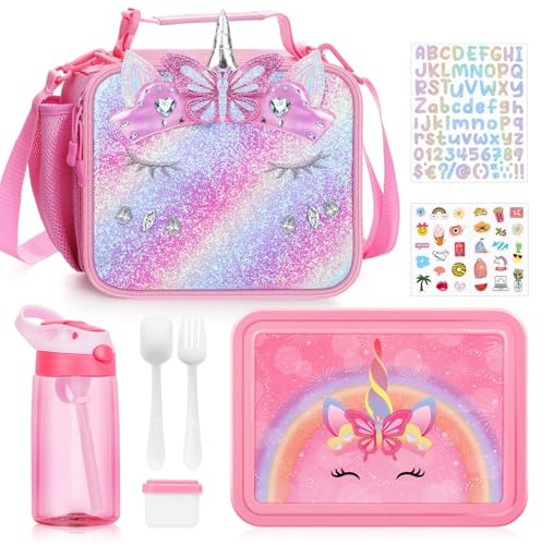 JYPS 3PCS Kids Lunch Bag and Bento Box Set, Insulated Lunch Bag,Multicompartment Bento Lunch Box&Water Bottle for Kids Age 4+, Leakproof Lunch Containers for Girls/School (Purple mermaid)