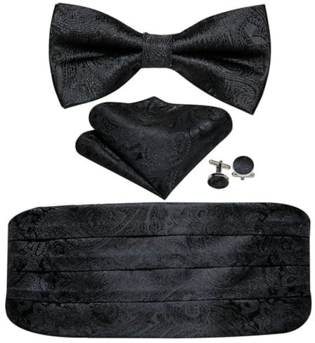 Herren-Manschettenknöpfe, Seide, Kummerbund, modisch, Paisleymuster, Jacquard, Fliege, Einstecktuch, Manschettenknöpfe, Set, Business-Party-Zubehör, Schwarz, 1030, Einheitsgröße