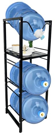 THRIFTYRACK 5 Gallon Water Jug Holder with 3-Tier Storage Shelves - Heavy Duty Stand with Fast Flow Spout - Fits 55mm Water Bottle - For Kitchen, Living Room, Office, Garage or Workshop - Black