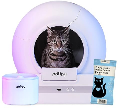 POOPY Nano 2 - Automatische Selbstreinigende Katzentoilette + Luxus Trinkbrunnen, 60 Abfallsäcke (3 Rollen) & Katzentoilettenmatte - (Funktioniert mit und ohne App) - Weiß